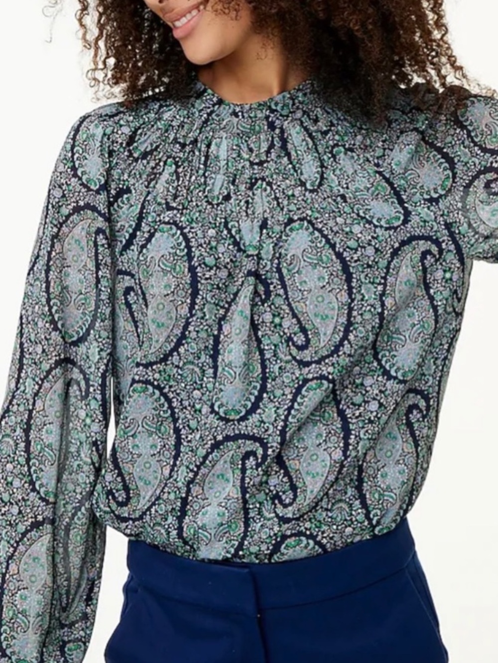 J.Crew Smocked Paisley Mock Neck Blouse Size M